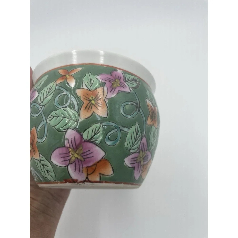 Vintage Small Chinese Jardiniere Planter Pot Floral Hand‎ Painted 3.5